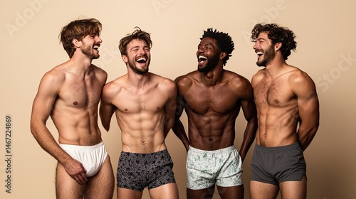 Four men stand together, shirtless and laughing, against a soft beige background.