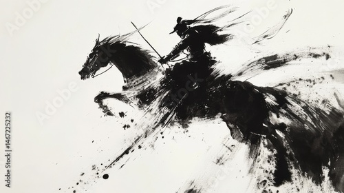 Traditional Ink Painting of a Warrior on Horseback