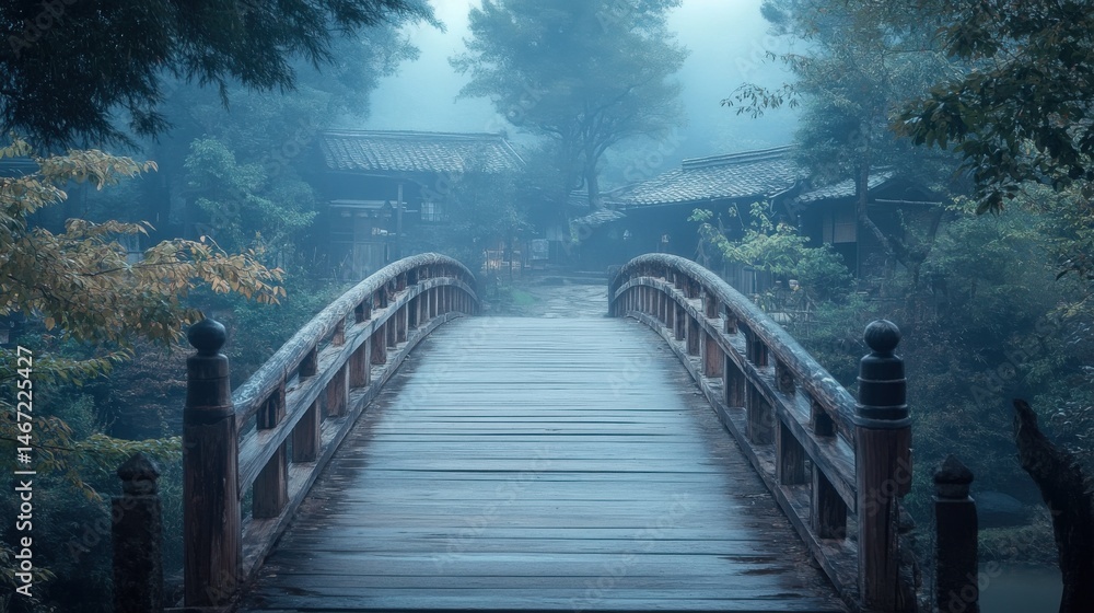 Fototapeta premium Ancient wooden bridge in a misty Japanese village