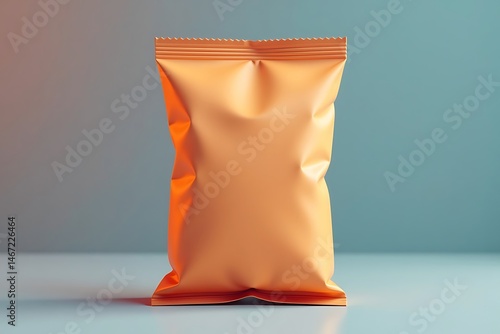 Blank Orange Food Package, Matte Foil Pouch with Sealed Crimps, Ideal for Mockups and Product Presentation on Solid Light Blue Backdrop               