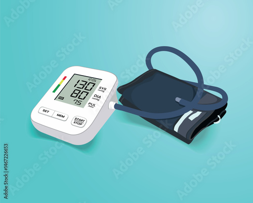 isolated medical objects, vector illustration of stethoscope, health bag, blood pressure monitor, oximeter, thermometer and medicine pills.