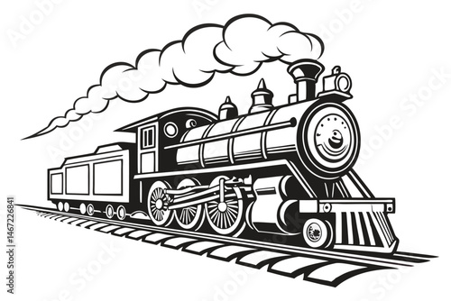 147 Vintage steam locomotive, black and white illustration, detailed engine design, billowing smoke, side view, bold graphic style, retro transportation, nostalgic railway imagery, high contrast, clea