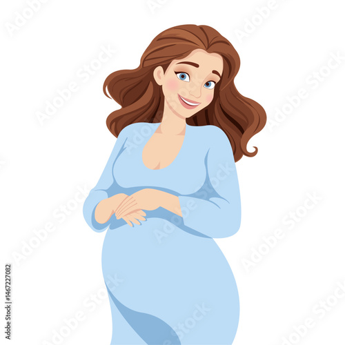 Vector illustration of a smiling pregnant woman in a light blue dress. Friendly and clean cartoon style. Ideal for maternity content, pregnancy education, prenatal care, parenting apps, medical websit