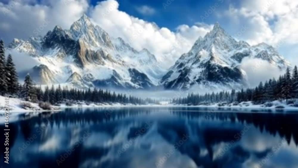 Snow-covered mountain peaks reflected on calm alpine lake beneath cloudy sky. Nature landscape concept Snow-covered mountain peaks reflected on calm alpine lake beneath cloudy sky. Nature landscape concept
