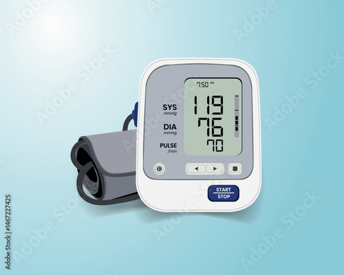 isolated medical objects, vector illustration of stethoscope, health bag, blood pressure monitor, oximeter, thermometer and medicine pills.