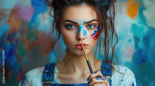 Wallpaper Mural A young woman stands playfully in an art studio, with a paintbrush clenched between her lips and a cheeky pout. Torontodigital.ca