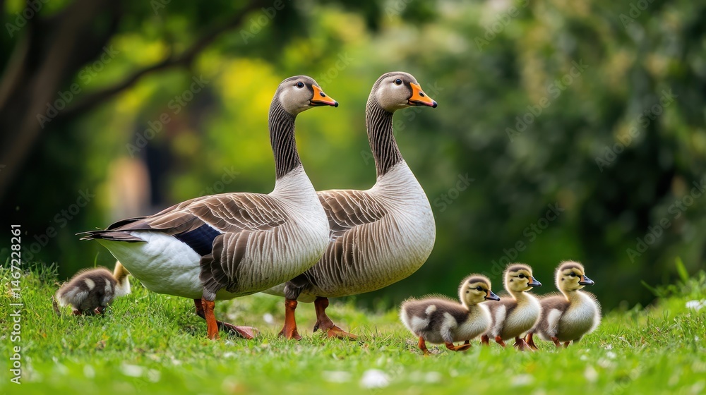 Goose family strolling park, green grass, nature Goose family strolling park, green grass, nature
