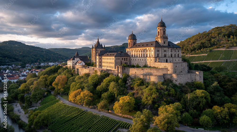 Majestic castle overlooking a valley. Ancient fortress with towers and lush greenery Majestic castle overlooking a valley. Ancient fortress with towers and lush greenery