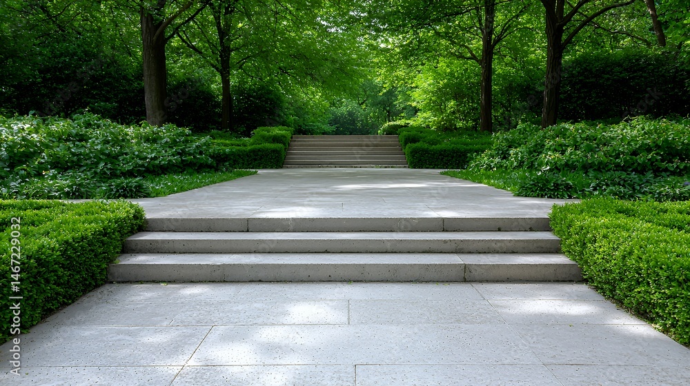 Walking Path Through Green Garden with Stone Steps to Trees