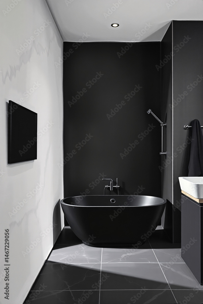 Fototapeta premium Modern bathroom with a dark freestanding bathtub, wall-mounted fixtures, and recessed lighting.