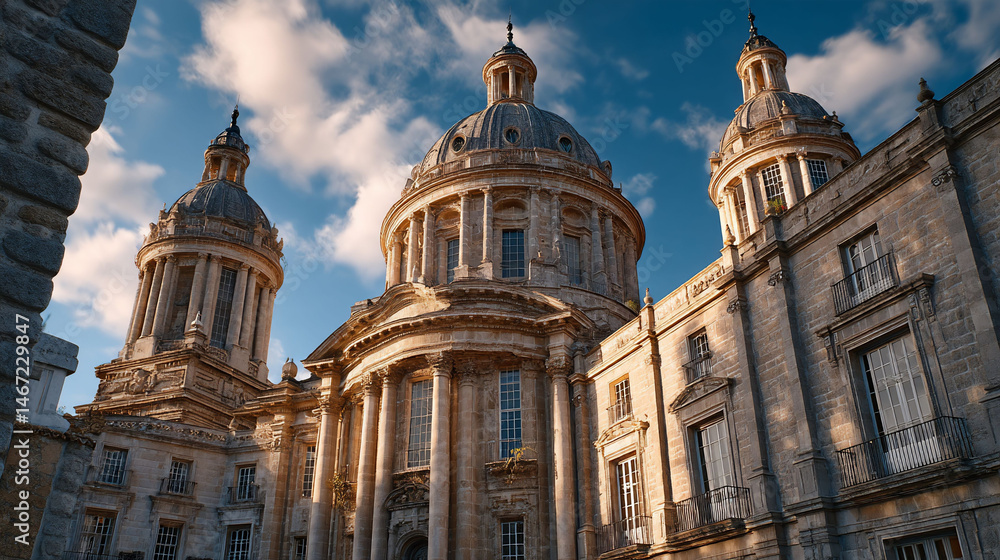 Fototapeta premium Majestic stone building with domed roofs against a bright blue sky and clouds