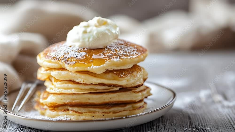Stack Of Golden Pancakes Topped with Cream and Powdered Sugar on Rustic Wood Table Ready to Eat for Cozy Breakfast Stack Of Golden Pancakes Topped with Cream and Powdered Sugar on Rustic Wood Table Ready to Eat for Cozy Breakfast