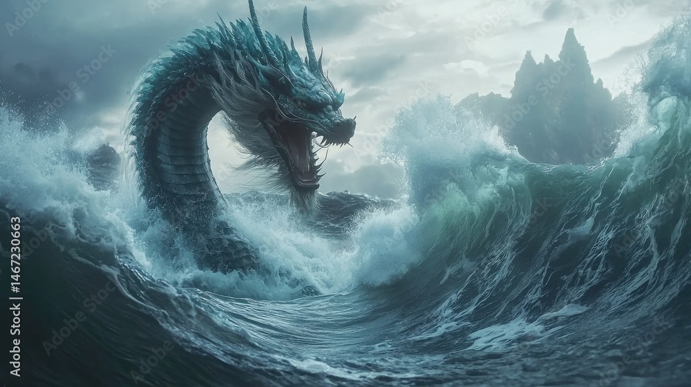 Fototapeta premium Majestic mythical creature emerges from turbulent ocean waves.