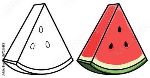 A Slice of Watermelon Line Art Vector Outline Illustration Black and White with Coloring Sample. Bold and Easy Food, Fruits, Sweets, Drinks, Dessert, and Snacks Coloring Pages for Adults and Ki