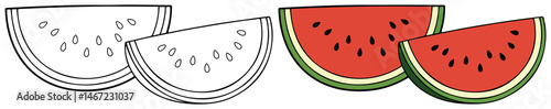 Watermelon Slice Line Art Vector Outline Illustration Black and White with Coloring Sample. Bold and Easy Food, Fruits, Sweets, Drinks, Dessert, and Snacks Coloring Pages for Adults and Kids