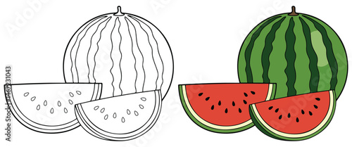 Watermelon Slice Line Art Vector Outline Illustration Black and White with Coloring Sample. Bold and Easy Food, Fruits, Sweets, Drinks, Dessert, and Snacks Coloring Pages for Adults and Kids
