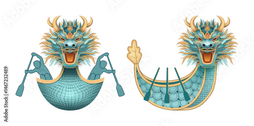 Set of design elements for Chinese Dragon Boat Festival. Cartoon Dragon boat and rowers