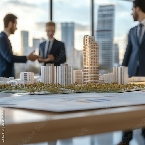 A group of professionals gathered around a table in a business meeting, including bankers, guarantors, and real estate developers.