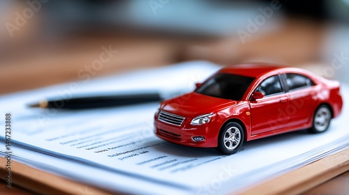 Toy car placed on insurance documents in car dealership office, auto insurance or financing options concept