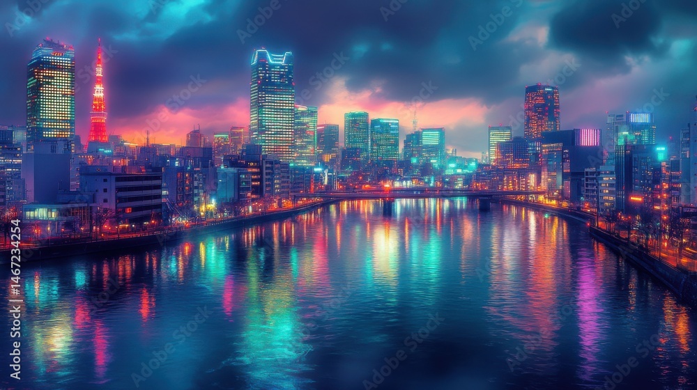 Fototapeta premium Futuristic Tokyo Skyline Glowing with Neon Lights