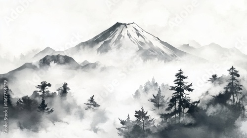 Sumi-e Ink Painting of Mount Fuji with Mist