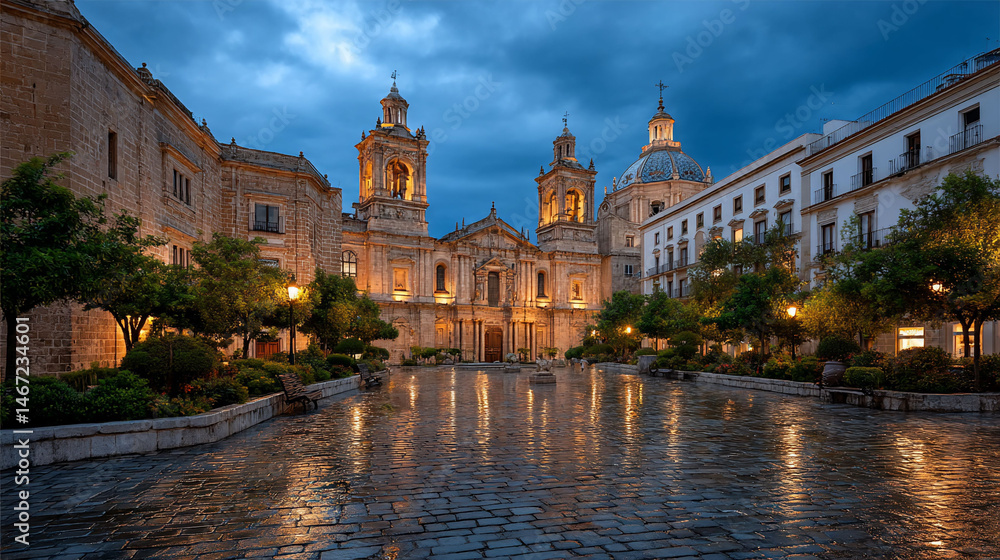 Naklejka premium Plaza with cathedral, reflecting city lights on wet cobblestone at dusk