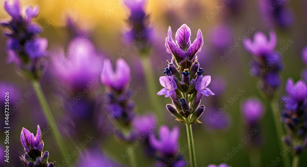 Fototapeta premium Delicate Purple Lavender Flowers in Soft Focus; Dreamy Botanical Background, Gentle Blooms