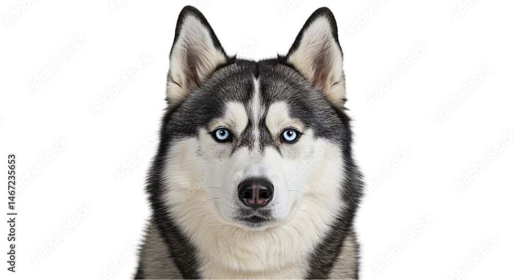Close up portrait of a husky with black and white fur against a plain white studio background image view Close up portrait of a husky with black and white fur against a plain white studio background image view