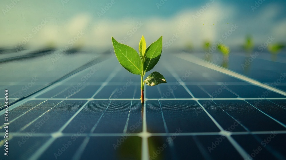 Sprout on solar panel representing eco-friendly power, renewable resources, and the future of sustainable environmental technology
