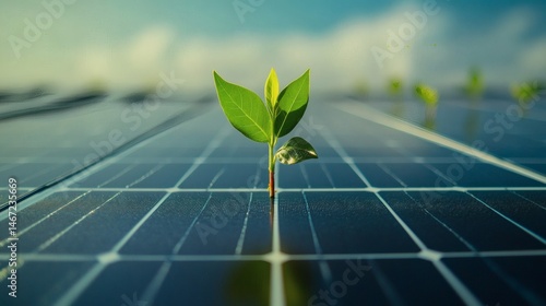 Obraz na płótnie Sprout on solar panel representing eco-friendly power, renewable resources, and the future of sustainable environmental technology
w salonie