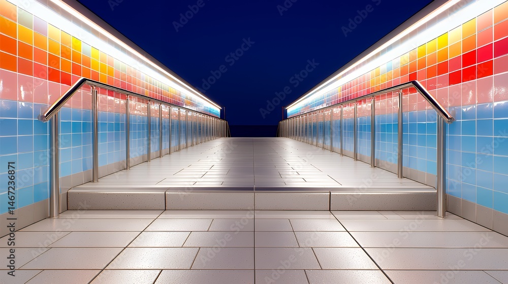 Walking Up Colorful Tile Stairway Under Dark Sky at Night Walking Up Colorful Tile Stairway Under Dark Sky at Night