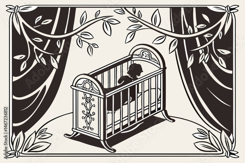 150 Vintage cradle illustration, ornate black and white design, silhouette of baby sleeping, elegant curved wooden crib, intricate floral vines, dramatic curtain backdrop, contrast lighting, gothic ae