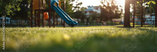 A scenic field of fresh green grass in sharp focus with a children’s playground softly blurred in the background, peaceful atmosphere in a family-friendly outdoor park  area.
