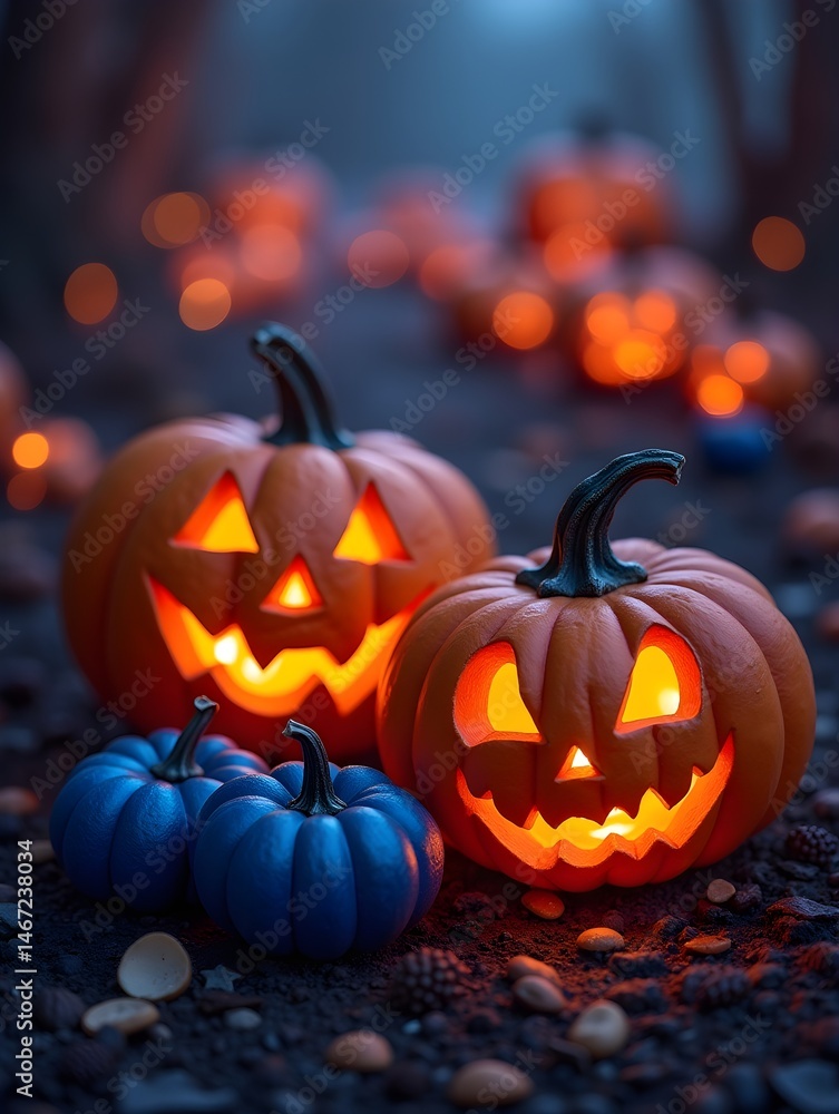 Fototapeta premium Festive Halloween Scene with Jack-O'-Lanterns and Blue Pumpkins on a Vibrant Background