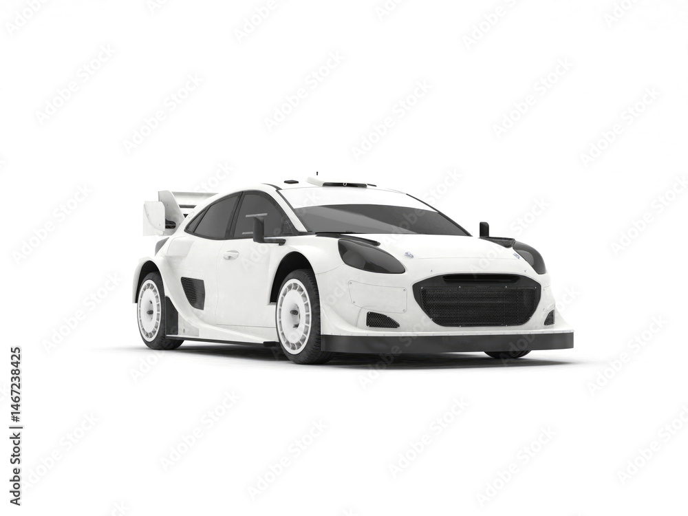 Obraz premium All white modern rally car template isolated on white background. 3D illustration. Front and right view.