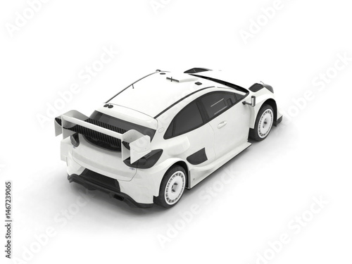 All white modern rally car template isolated on white background. 3D illustration. Top, rear and right view.