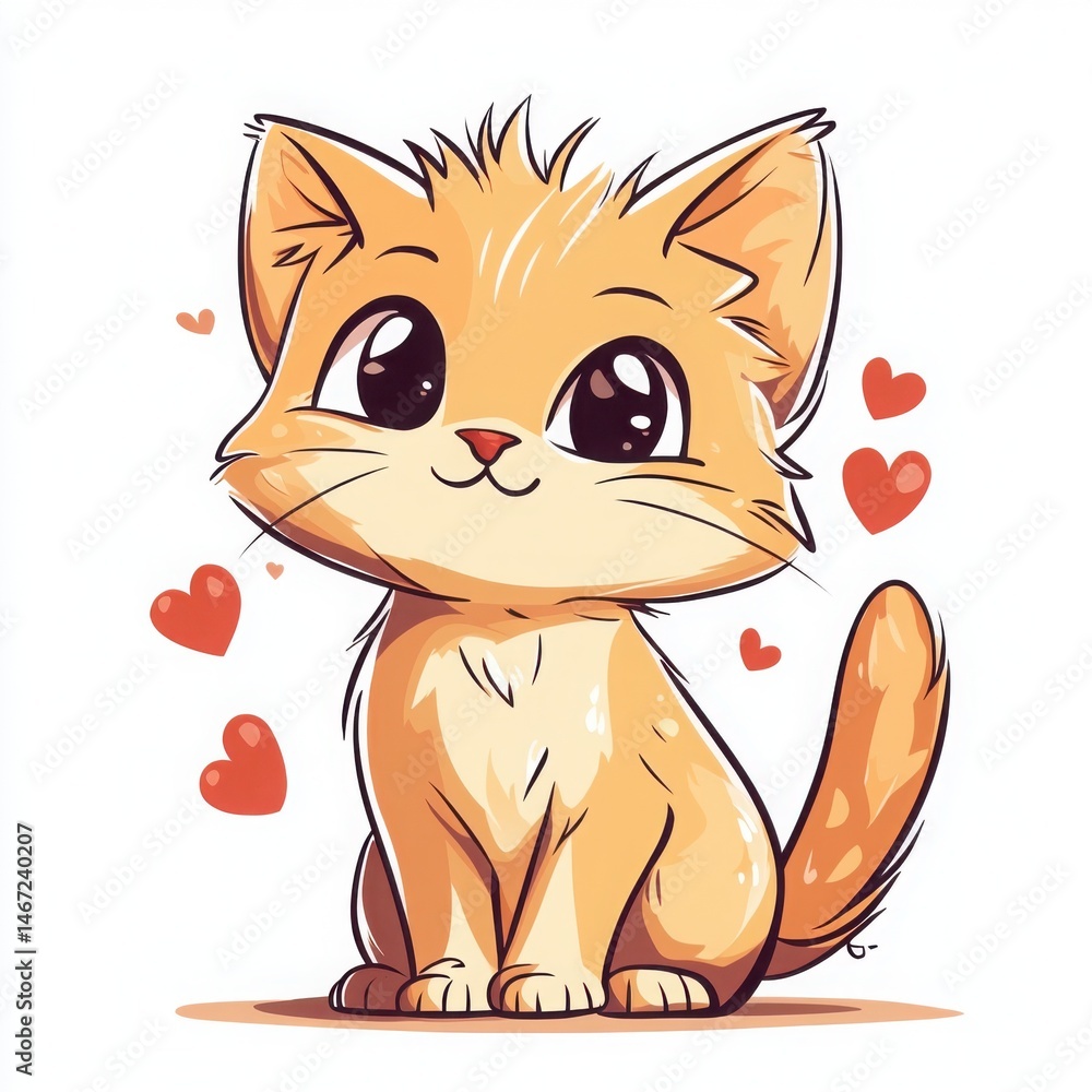 A charming cartoon cat with hearts. The cat has adorable eyes and a sweet expression A charming cartoon cat with hearts. The cat has adorable eyes and a sweet expression