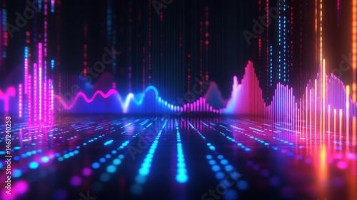 Abstract colorful neon light wave data visualization on dark background.
