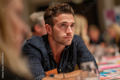 Engaged young adult with folded arms, looking thoughtfully away at a meeting or event, wearing a patterned collared shirt.