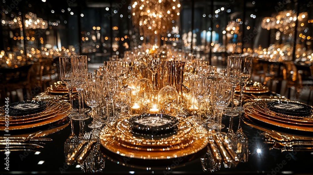 Luxurious gold and black dinnerware arrangement in a dimly lit room Luxurious gold and black dinnerware arrangement in a dimly lit room