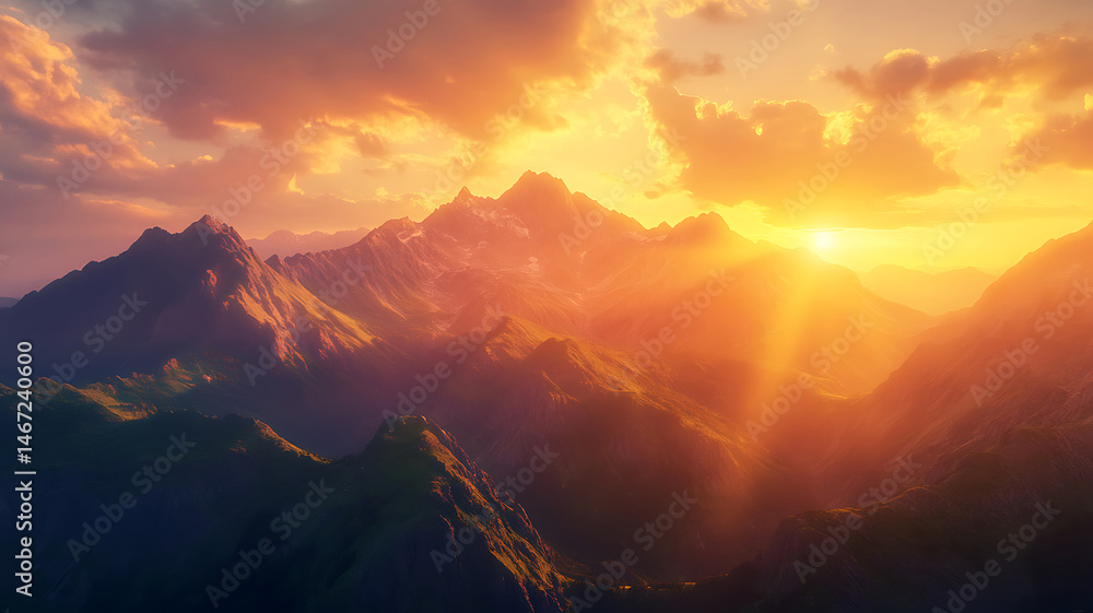 Obraz premium Majestic Sunset Over Mountain Peaks A Breathtaking Landscape Photo