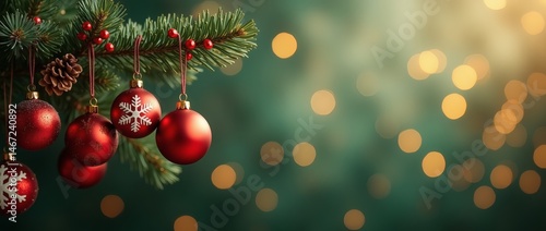 Festive Christmas tree branch with red ornaments and bokeh lights