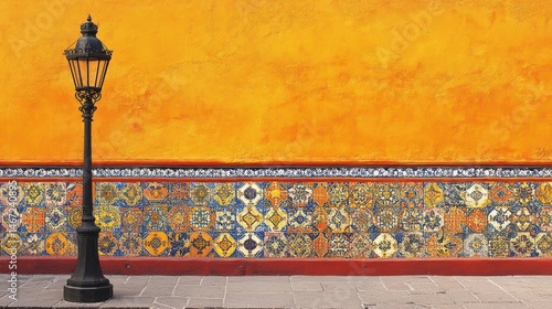 Mexican street lamp on orange wall with colorful tiles
