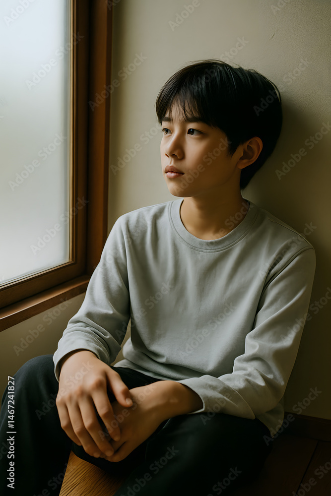 Fototapeta premium A young teenage boy sitting on the floor by a frosted window, gazing outside with a reflective and introspective expression..