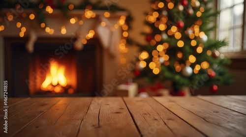 Blurred Christmas tree and fireplace with clear wooden foreground