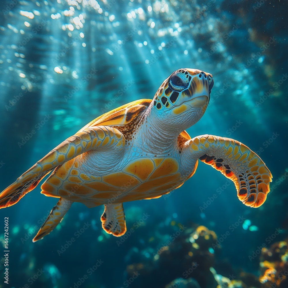 Fototapeta premium Sea Turtle Gracefully Swimming in Clear Ocean Water with Sunbeams