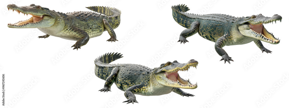 Fototapeta premium Set of crocodiles with open mouths in aggressive pose , isolated on transparent background