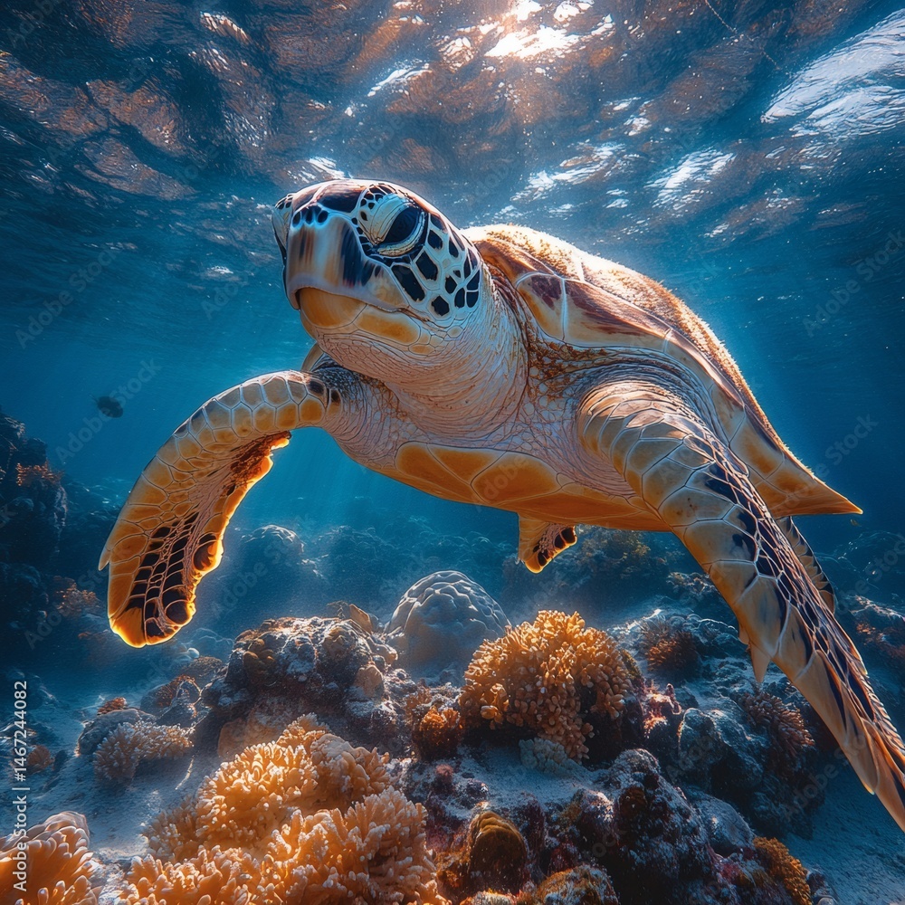 Obraz premium Sea Turtle Swimming Gracefully Underwater Amidst Coral Reef