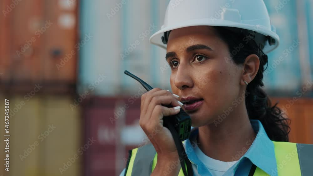 Woman, Giving Commands by Radio for Communication, Latino Supervisor Wearing Hard Hat. Female Worker Standing at Building Site Using Walkie Talkie For Communicating with Team. Engineer Concept Woman, Giving Commands by Radio for Communication, Latino Supervisor Wearing Hard Hat. Female Worker Standing at Building Site Using Walkie Talkie For Communicating with Team. Engineer Concept