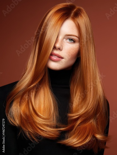 Beauty portrait with silky copper orange hair cascading down, vibrant shine and ultra-smooth texture